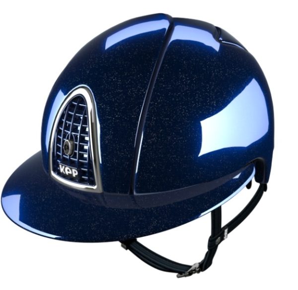 Casque d'équitation de marque Kep modèle Cromo Metal Diamond visière polo couleur bleu vue de profil