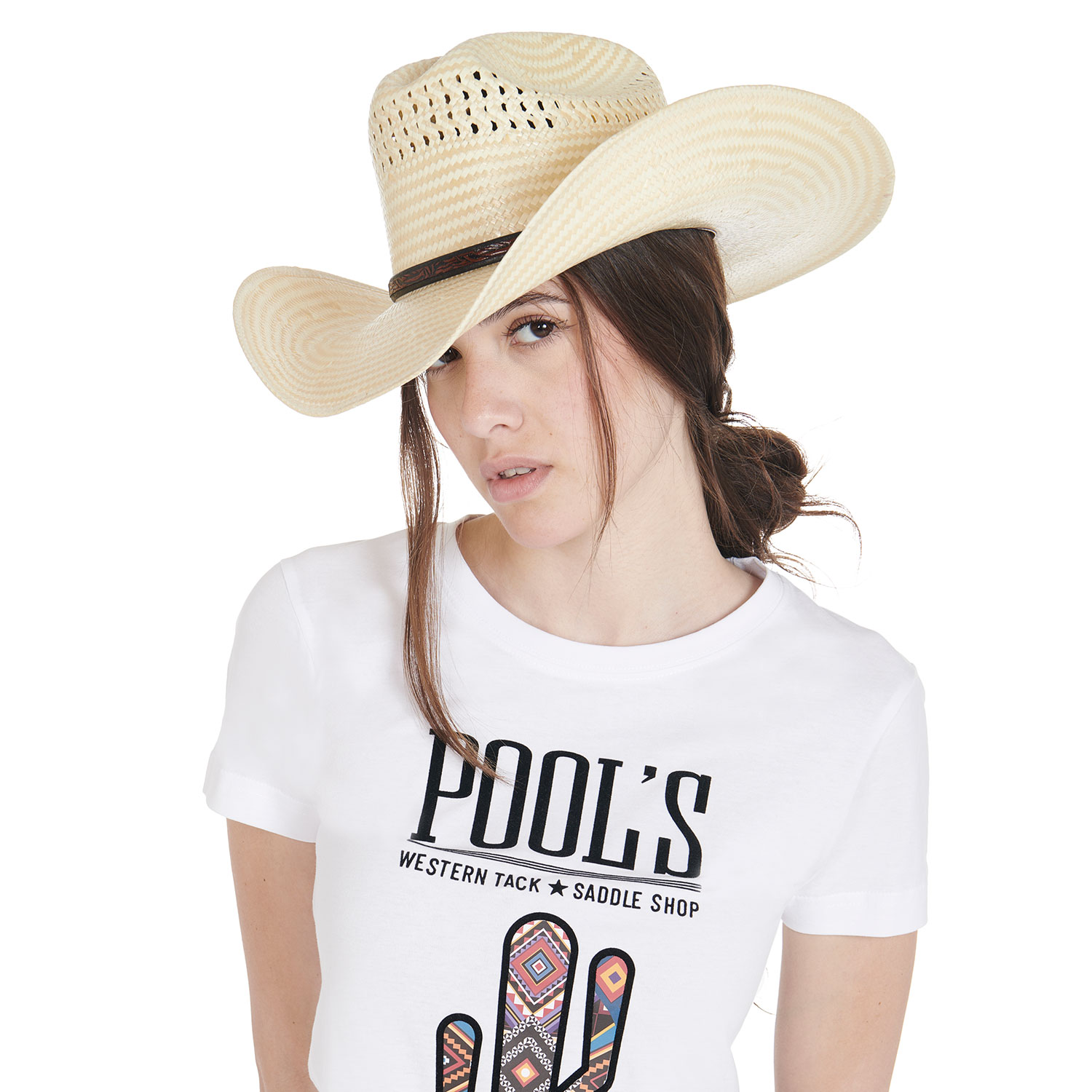 tee-shirt équitation western blanc pour femme avec motif cactus de marque Pool's