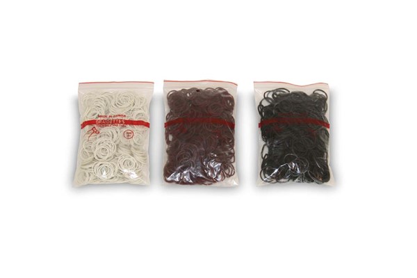 Sachets de cinq-cent élastiques à netter de marque Braidettes de couleur noir, marron ou blanc