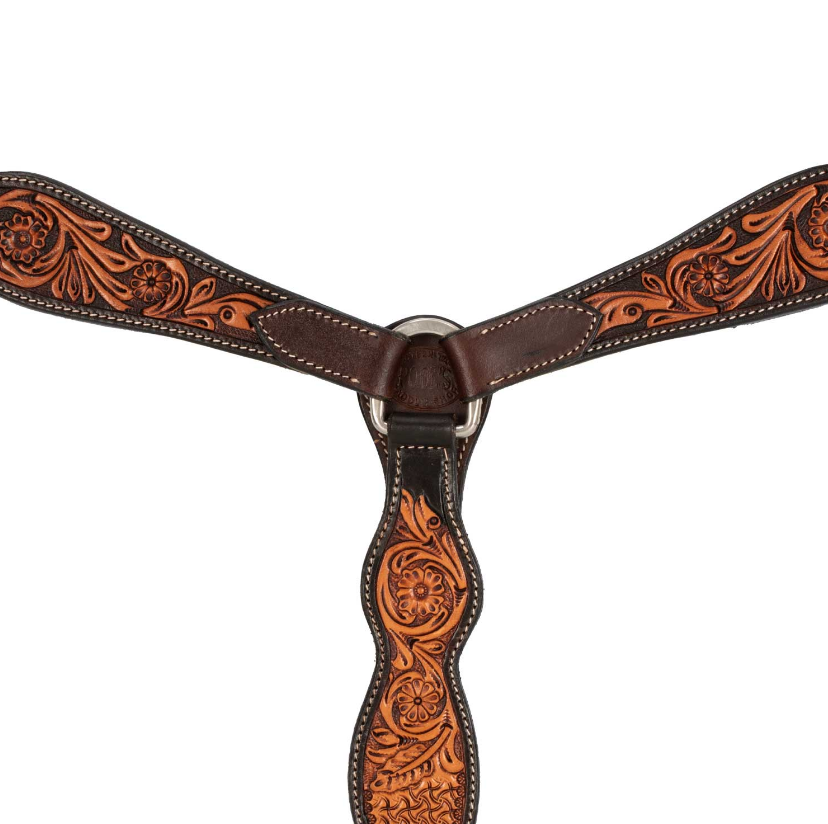 collier de chasse cheva pour équitation western en cuir bi couleur avec motif et décoration flowers ou fleur couleur marron et marron clair