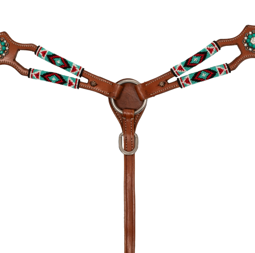 collier de chasse cheva pour équitation western en cuir avec motif et décoration perles couleur marron et marron clair